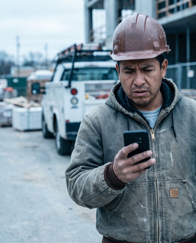 Contratista preocupado mirando su teléfono, perdiendo un lead